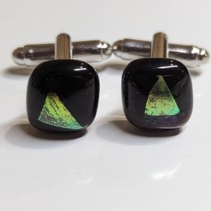 Handmade black fused glass cufflinks with dichroic glass accents